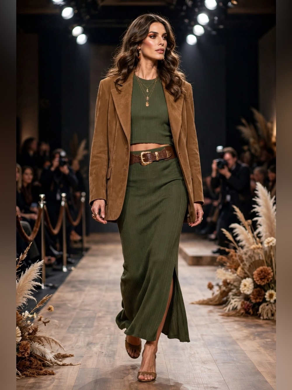 Rachel Zoe Olive Green Ribbed Maxi Skirt and Top Set L - Picture 3 of 5